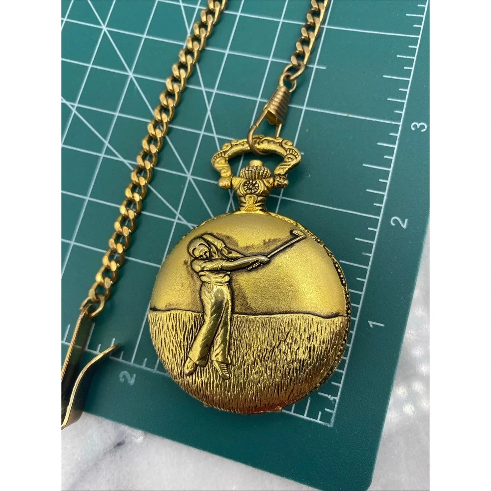 Milan Mens Pocket Watch Gold Golfer Relief Quartz Hunter Case Chain Clip Club